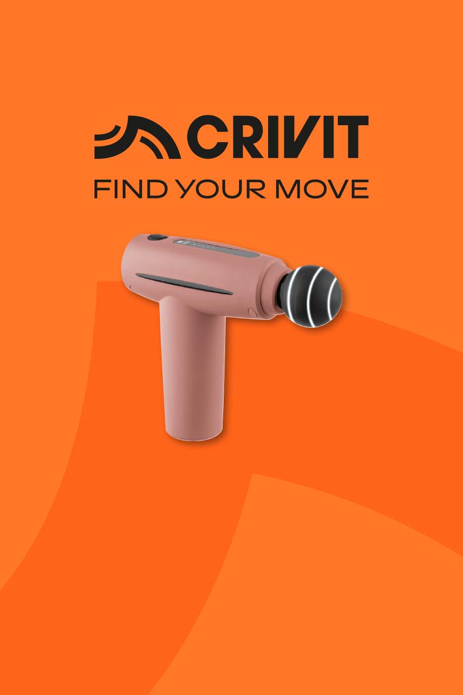 A pink massage gun on an orange background with the text 'FIND YOUR MOVE'.