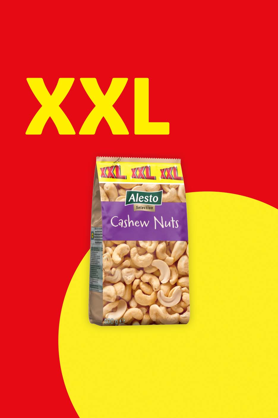 XXL bag of cashew nuts on a red and yellow background.