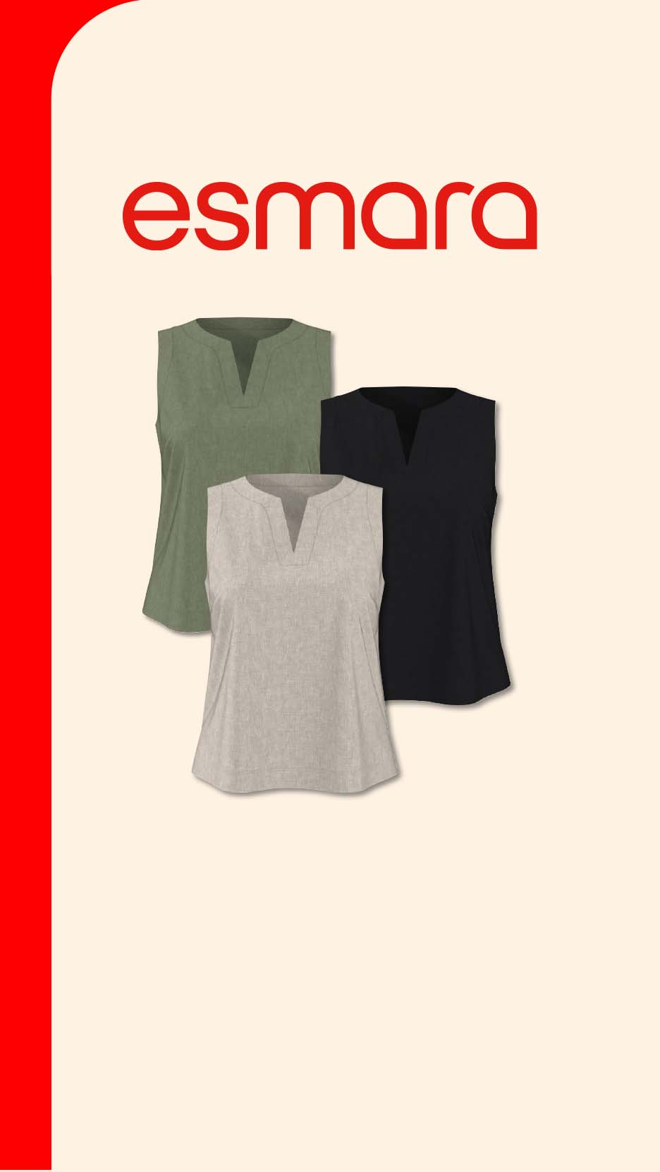 Three sleeveless tops in olive green, light gray, and black with V-necklines.