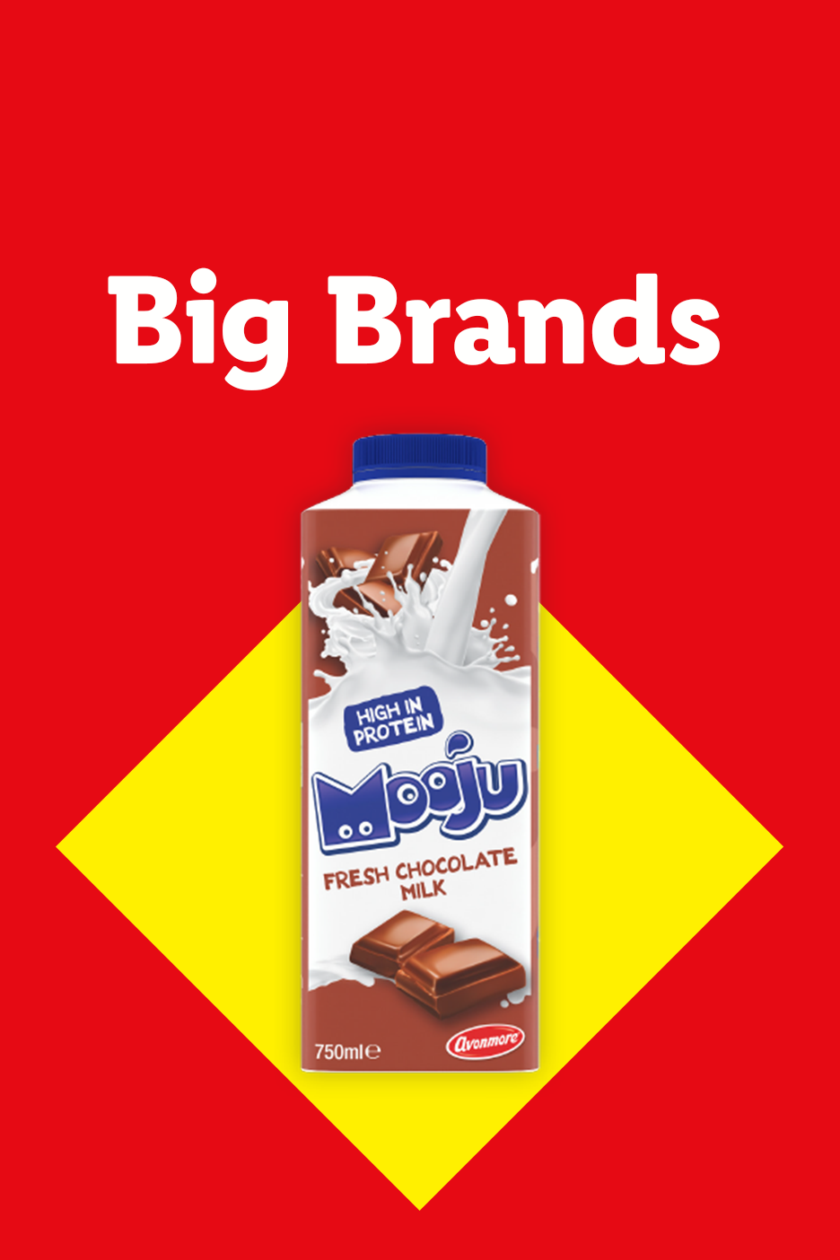 A carton of fresh chocolate milk with a 'High in Protein' label, set against a red and yellow background with the text 'Big Brands'.
