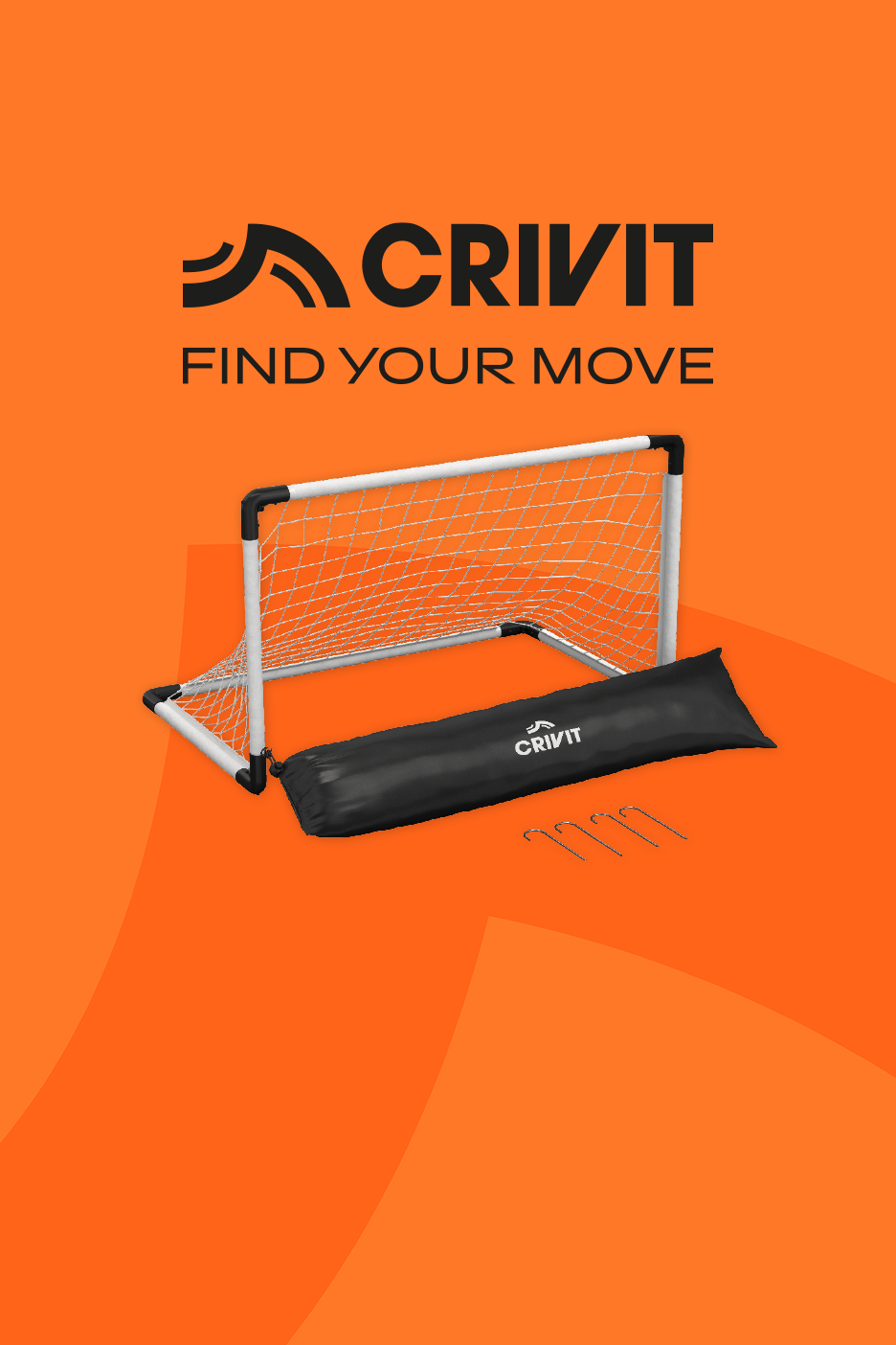 Portable soccer goal with a black carrying bag and ground stakes on an orange background.
