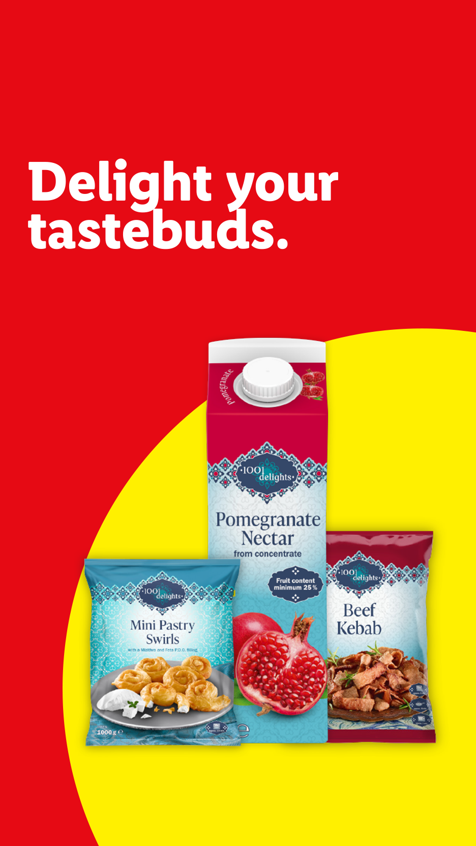 Pomegranate Nectar, Mini Pastry Swirls, and Beef Kebab with the text 'Delight your tastebuds.'
