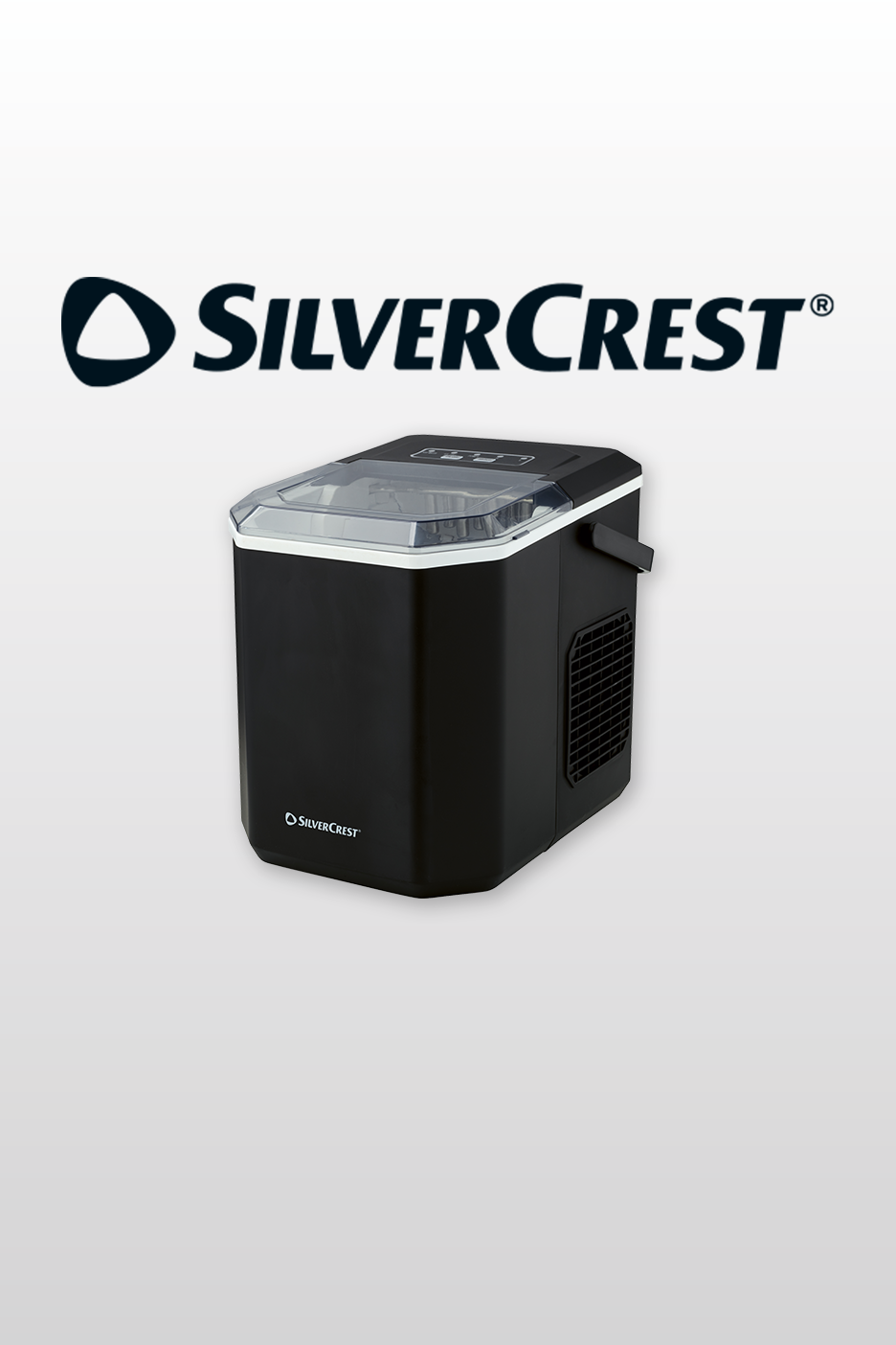 Black ice maker with a transparent lid and control panel, featuring a small logo on the front.