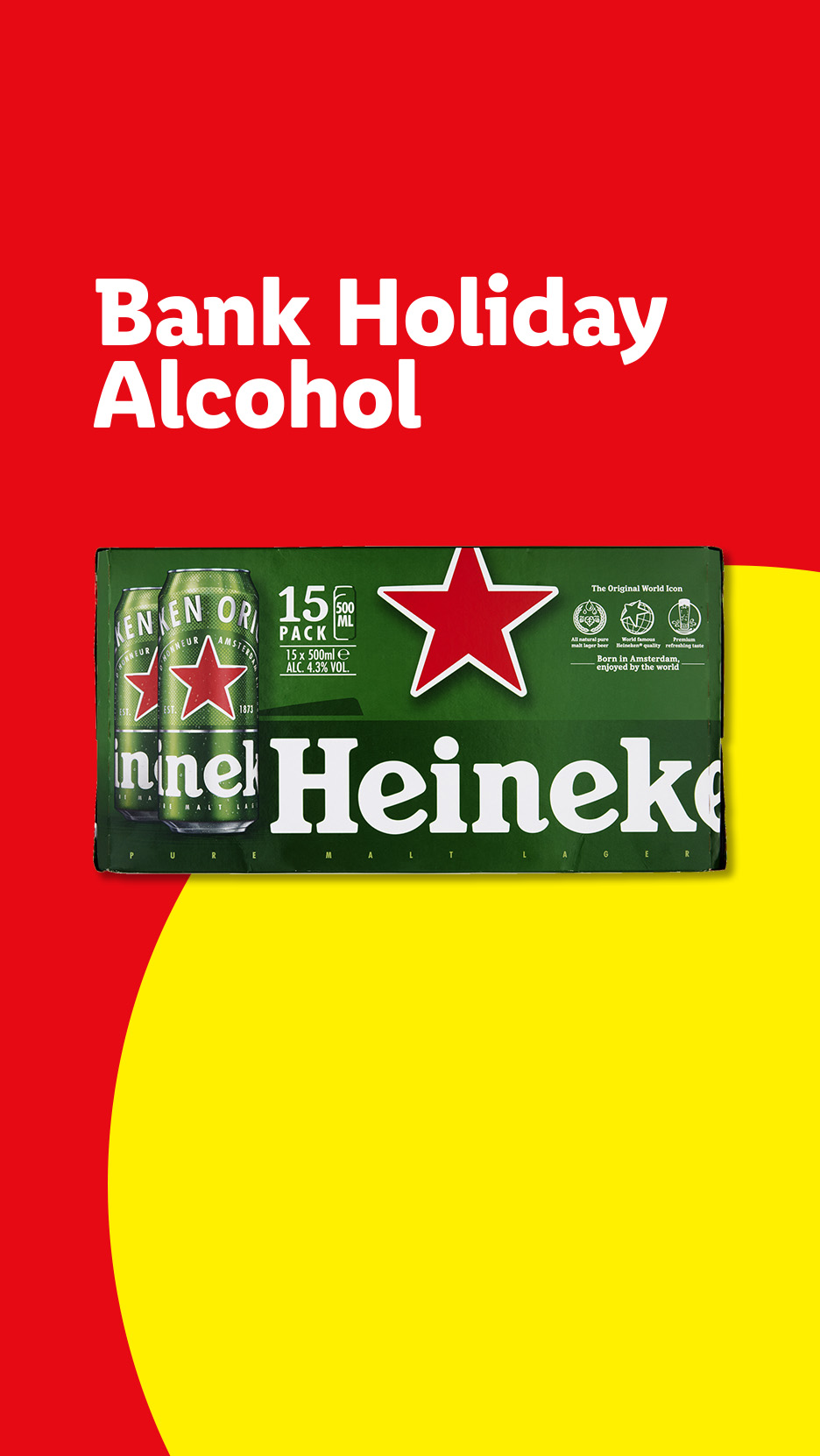 Bank Holiday Alcohol: A 15-pack of beer cans on a red and yellow background.
