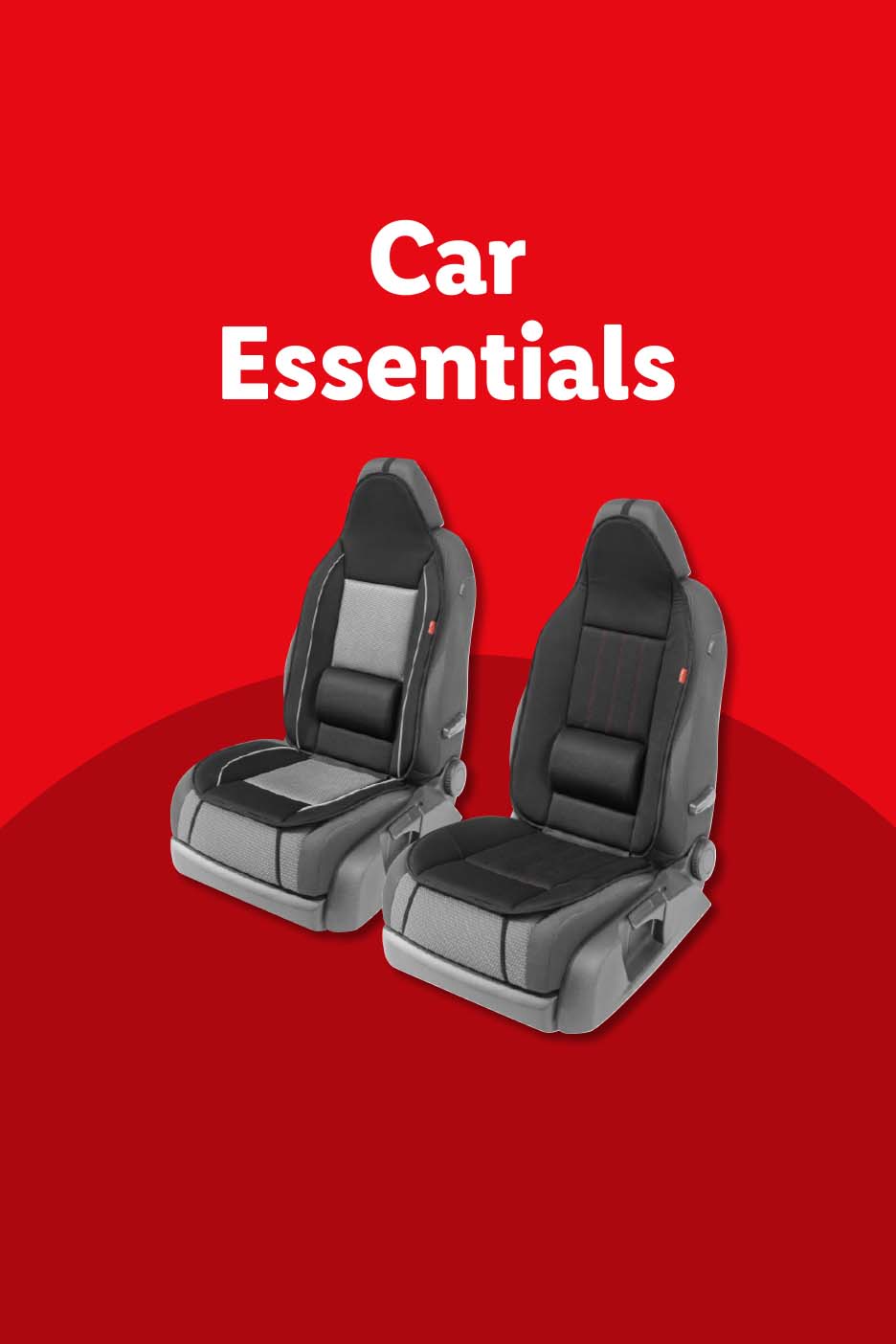 Two car seat covers, one grey and one black, with text 'Car Essentials'.
