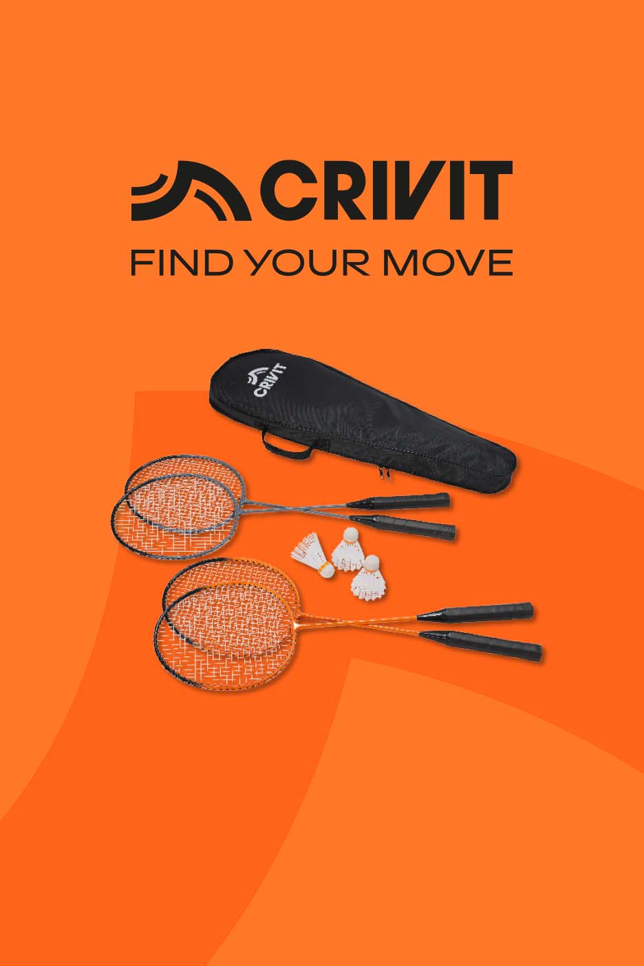Badminton set with two rackets, shuttlecocks, and a carrying bag on an orange background.