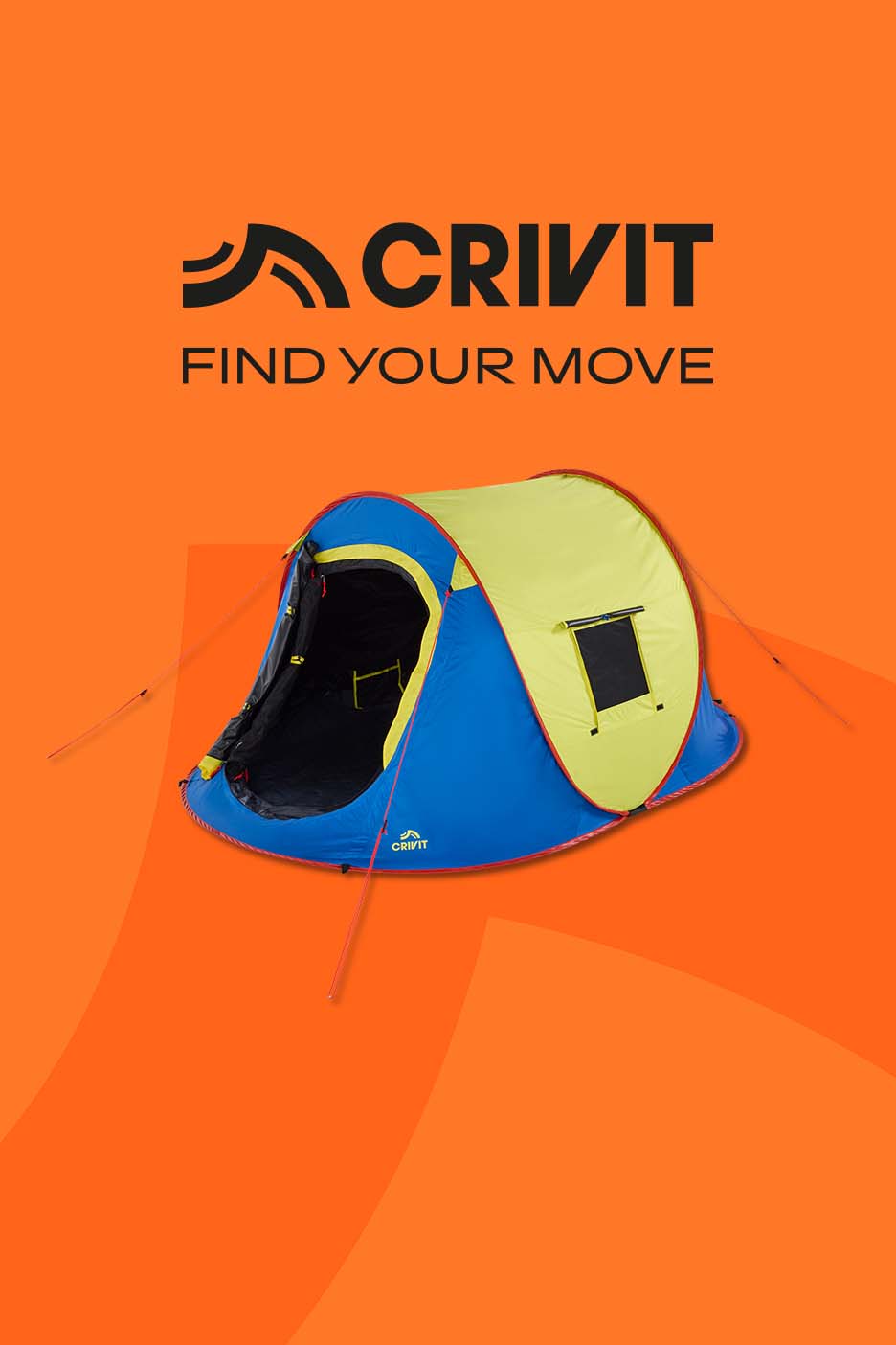 Blue and yellow pop-up tent with the text 'FIND YOUR MOVE' on an orange background.
