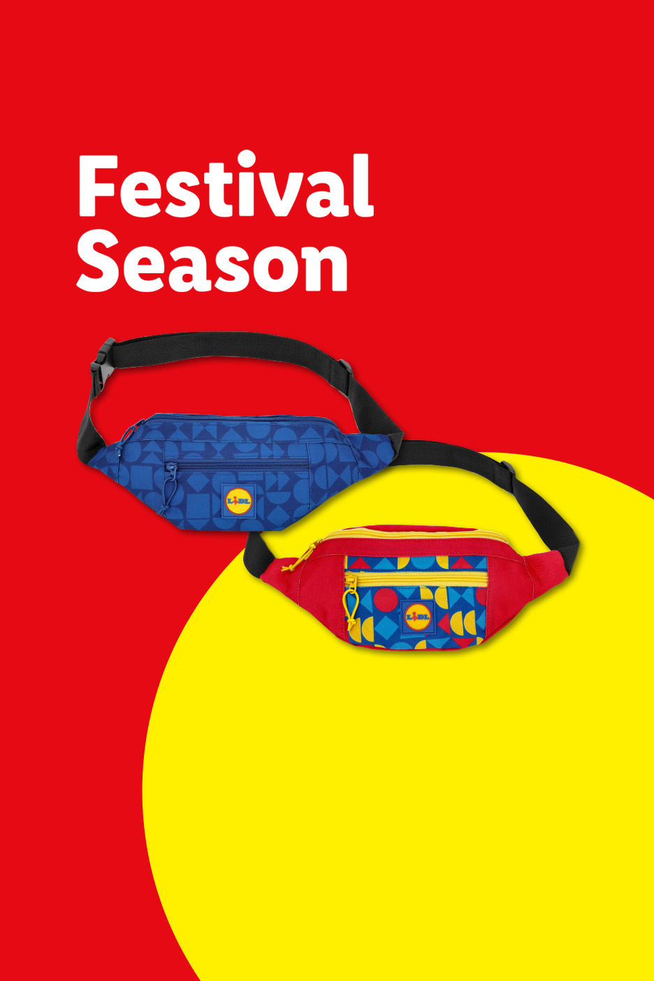 Two patterned fanny packs, one blue and one red, with 'Festival Season' text.