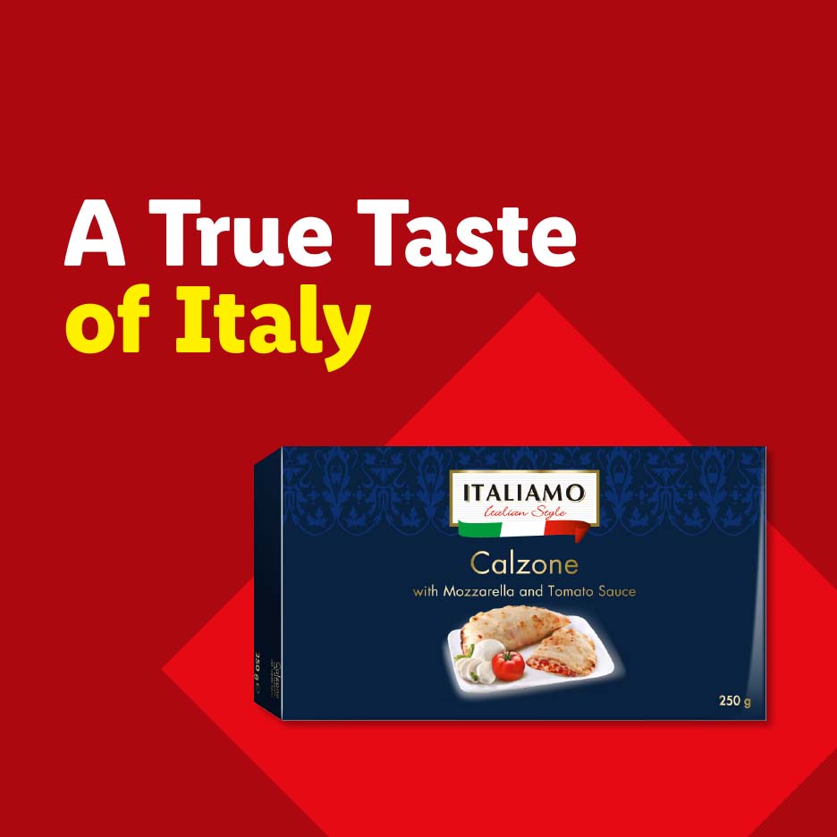 A calzone with mozzarella and tomato sauce, presented in a blue box, with text 'A True Taste of Italy'.