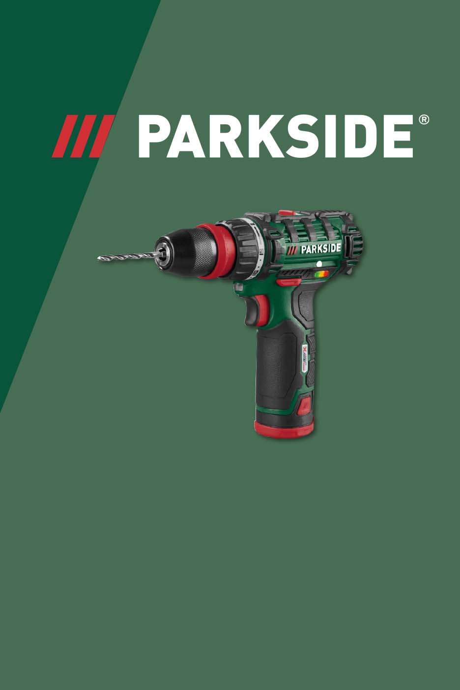 Cordless drill with a drill bit on a green background with a diagonal lighter green section.