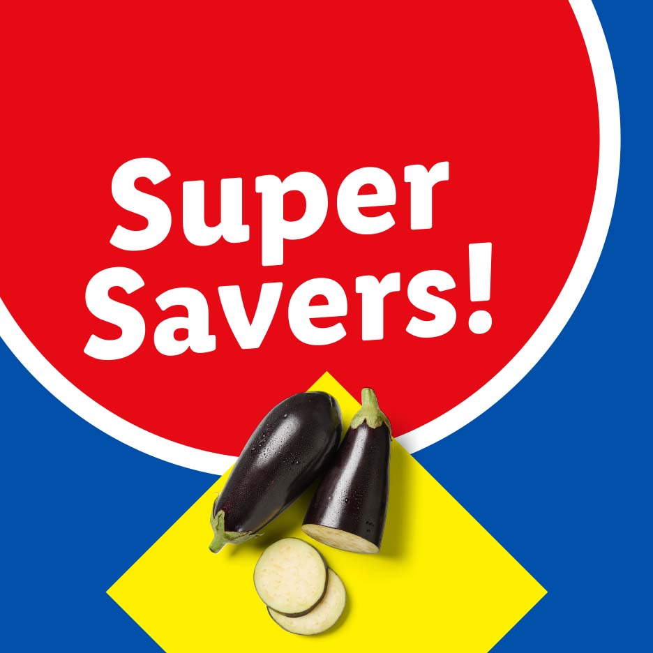 Super Savers! text on red circle with eggplants on blue and yellow background.