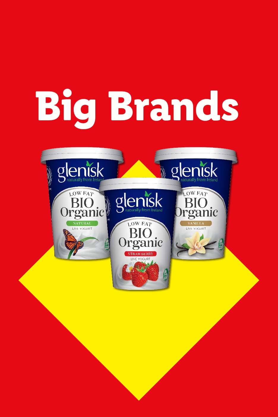 Three tubs of low-fat organic yogurt in natural, strawberry, and vanilla flavors, with “Big Brands” text.