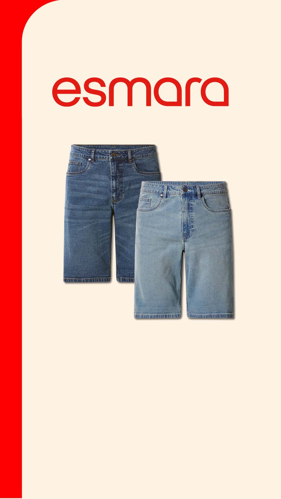 Two pairs of denim shorts, one dark blue and one light blue, on a beige background.