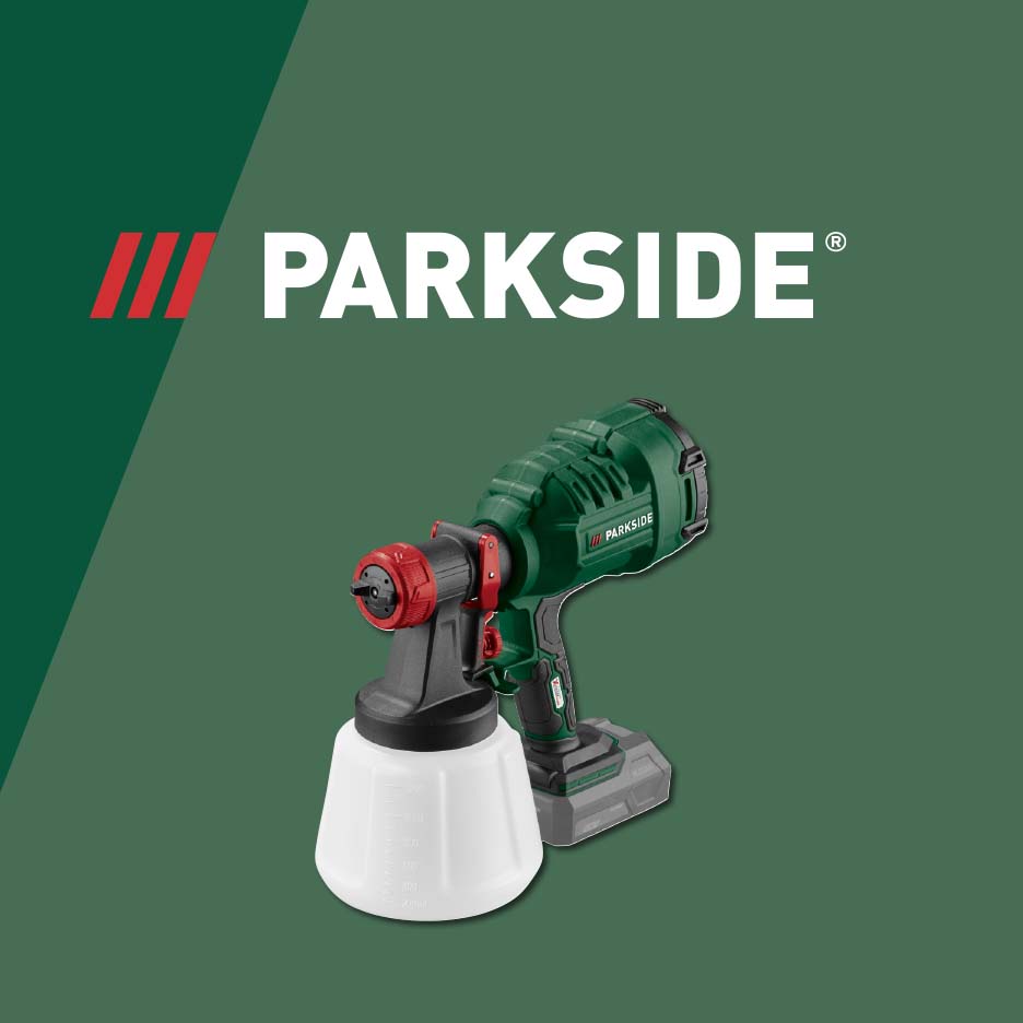 A cordless paint spray gun with a white container, set against a green background with a logo.