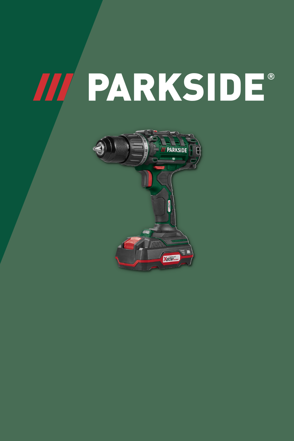 Cordless drill with a battery pack on a green background with a diagonal color split.
