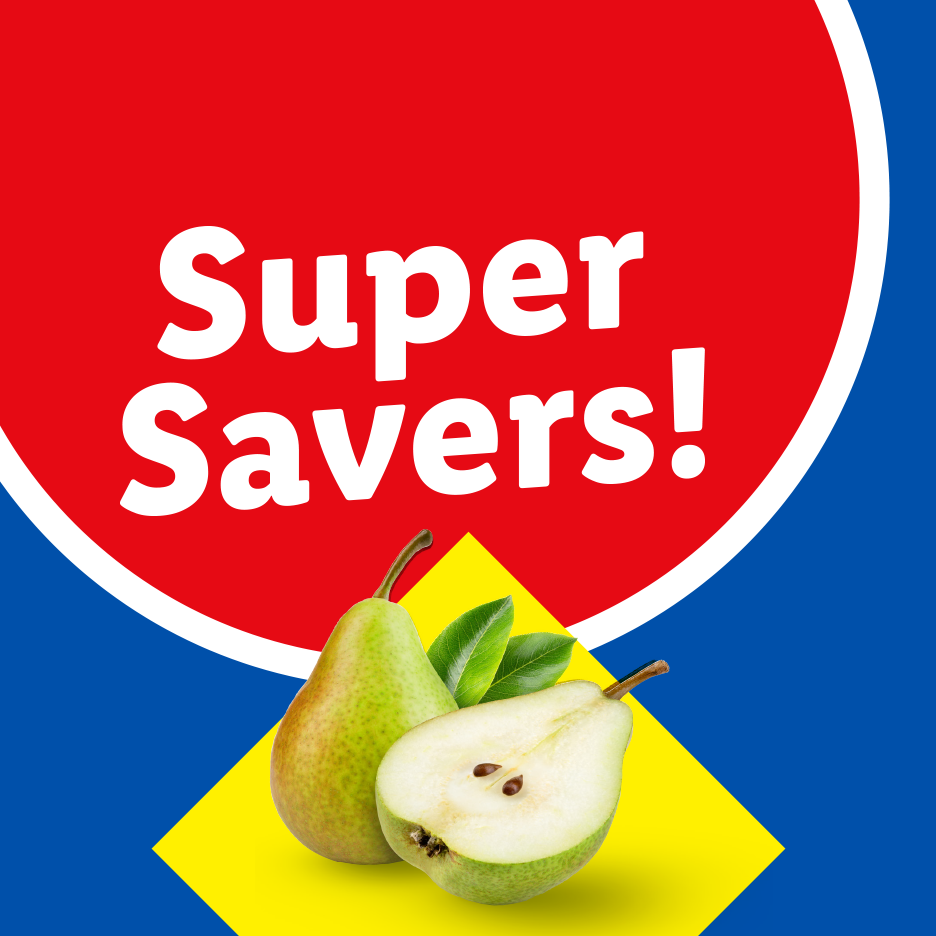 Two green pears, one whole and one halved, on a yellow diamond with a red 'Super Savers!' banner.