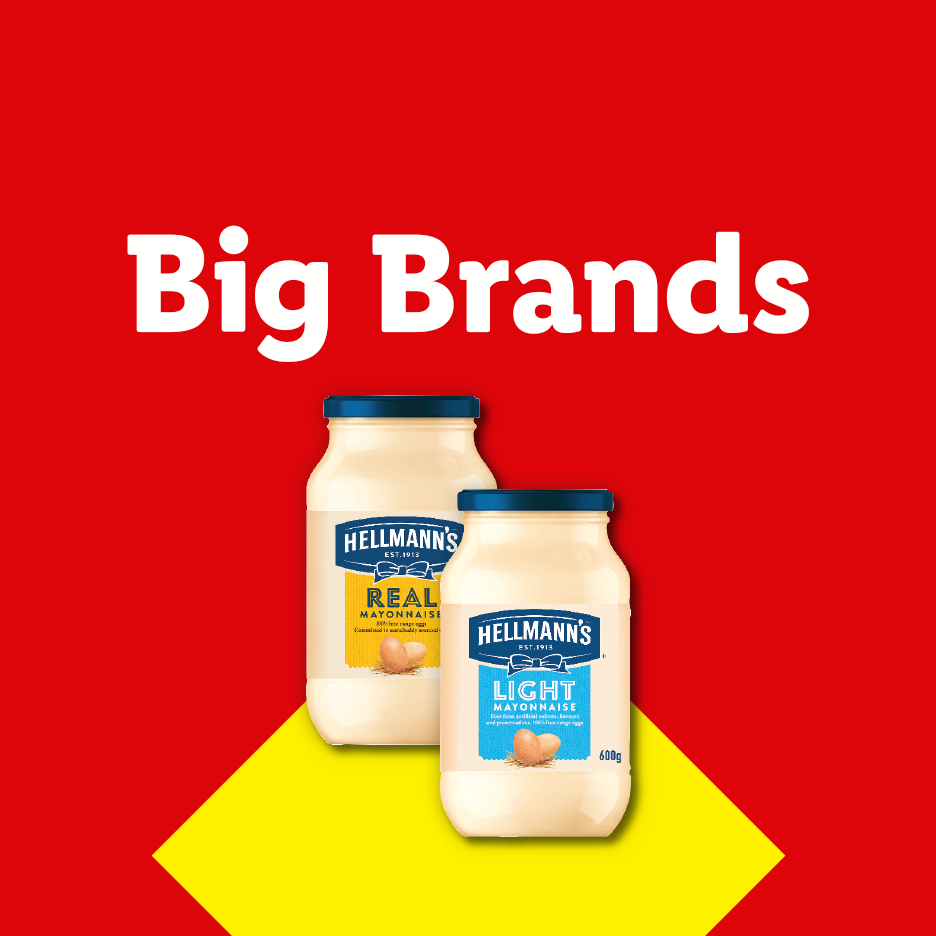 Two jars of mayonnaise, one real and one light, on a red and yellow background with text 'Big Brands'.