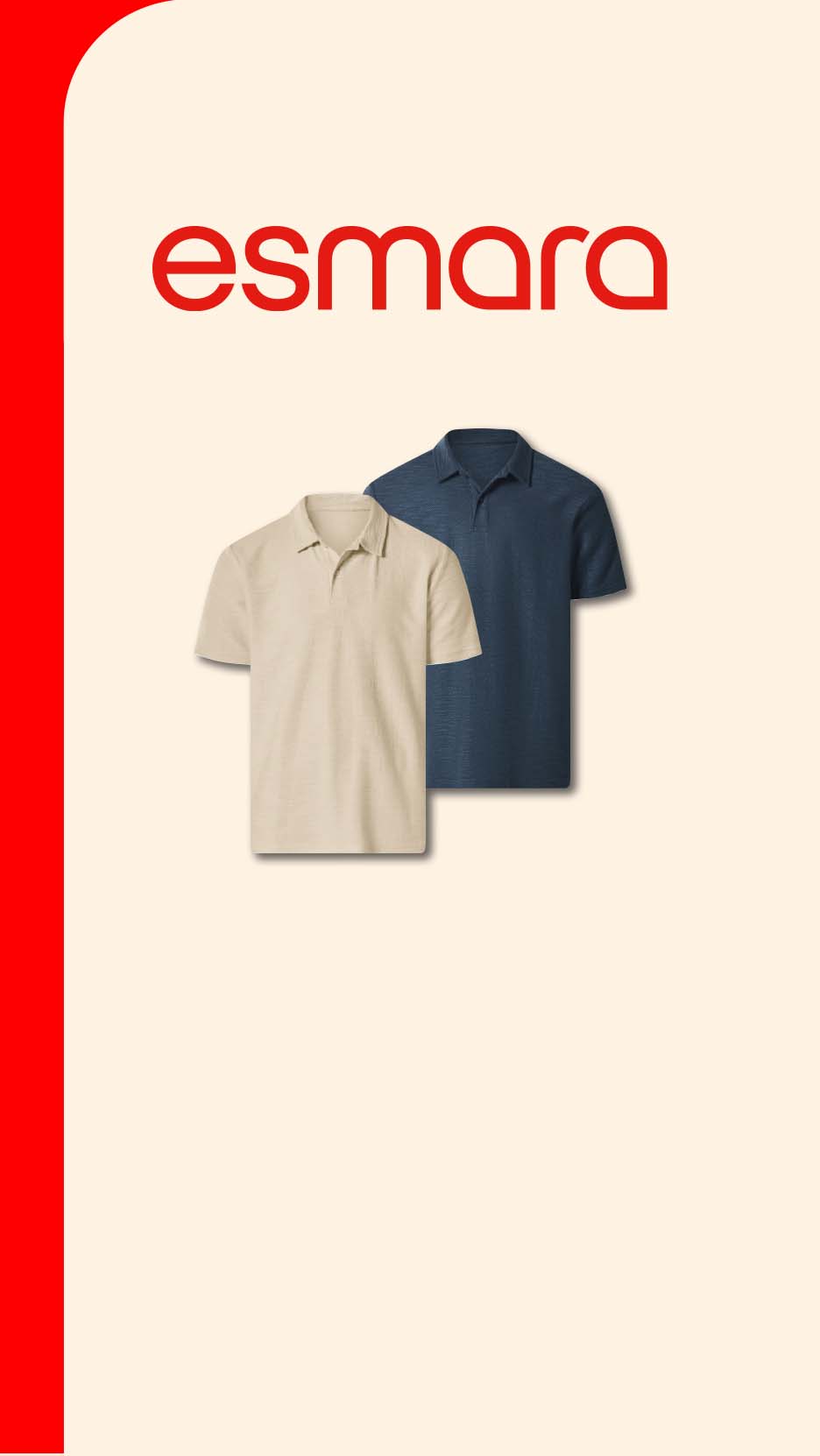 Two men's polo shirts, one beige and one navy blue, on a light background with a red border.