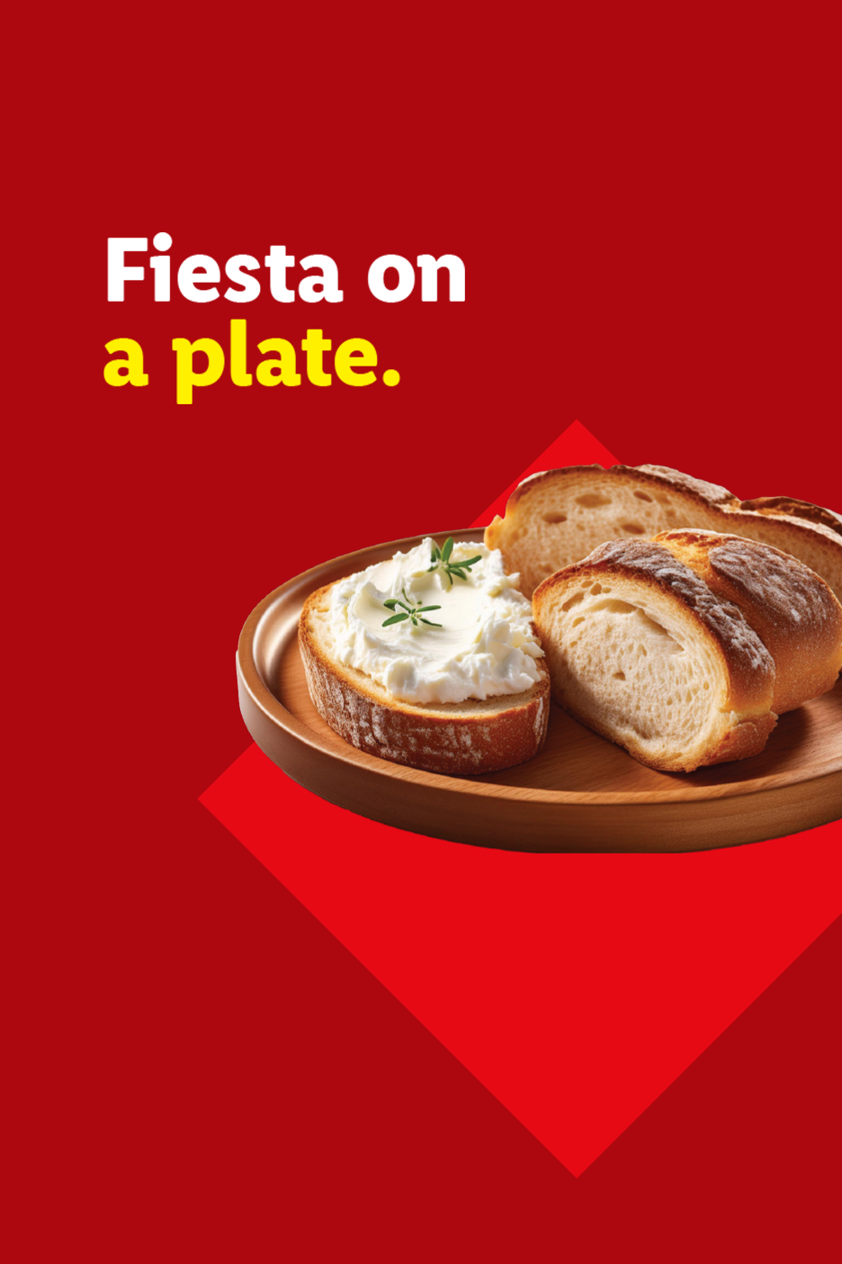 Bread with cream cheese and herbs on a wooden plate, with text 'Fiesta on a plate.'