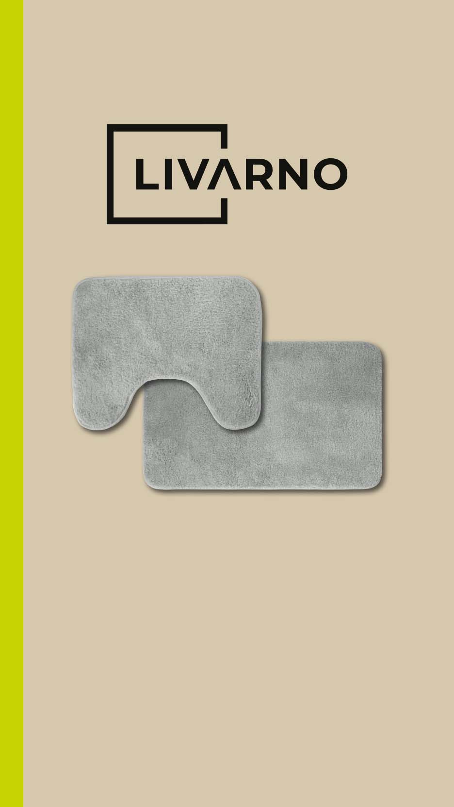 Two grey bath mats, one U-shaped and one rectangular, on a beige background.