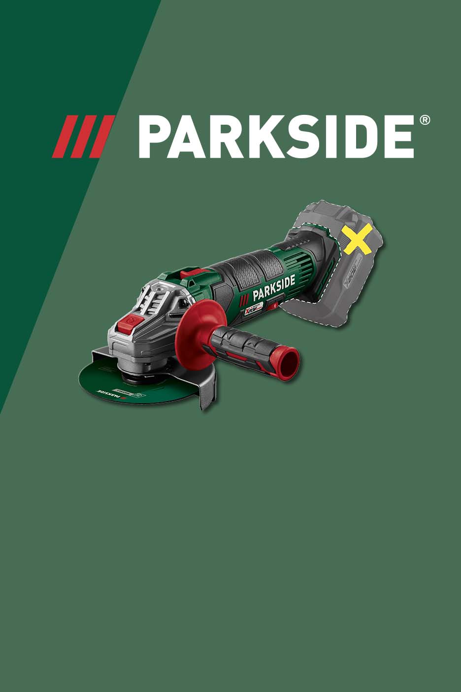 Cordless angle grinder with a side handle, shown without a battery, on a green background.