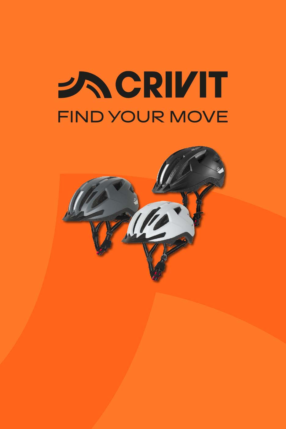 Three bicycle helmets in black, grey, and white, with the text 'FIND YOUR MOVE'.
