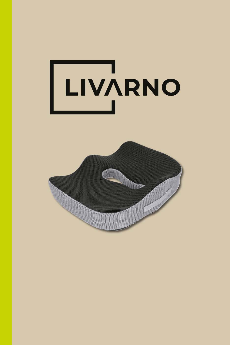 Ergonomic seat cushion in black and grey with a cutout, next to a logo.