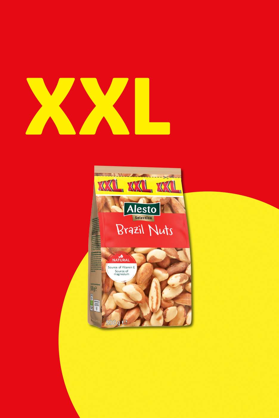 XXL bag of Brazil nuts, highlighting natural source of Vitamin E and magnesium.