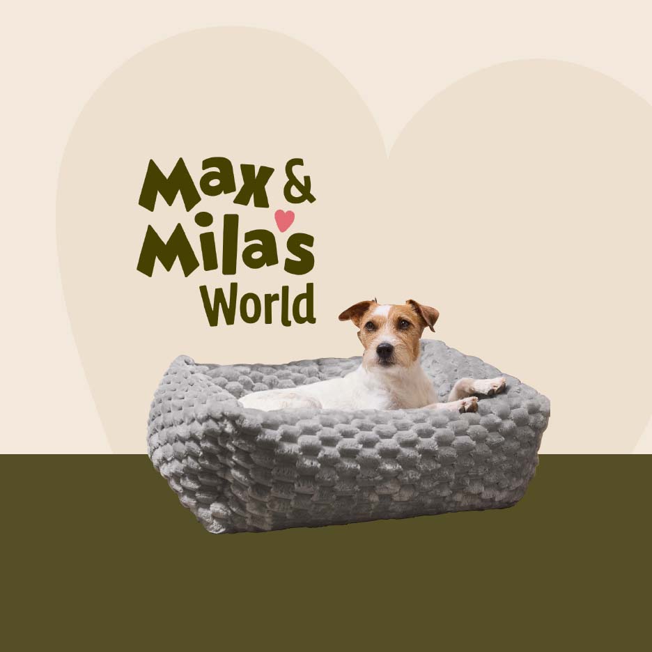 A small dog resting in a grey textured pet bed under the text Max & Mila's World.