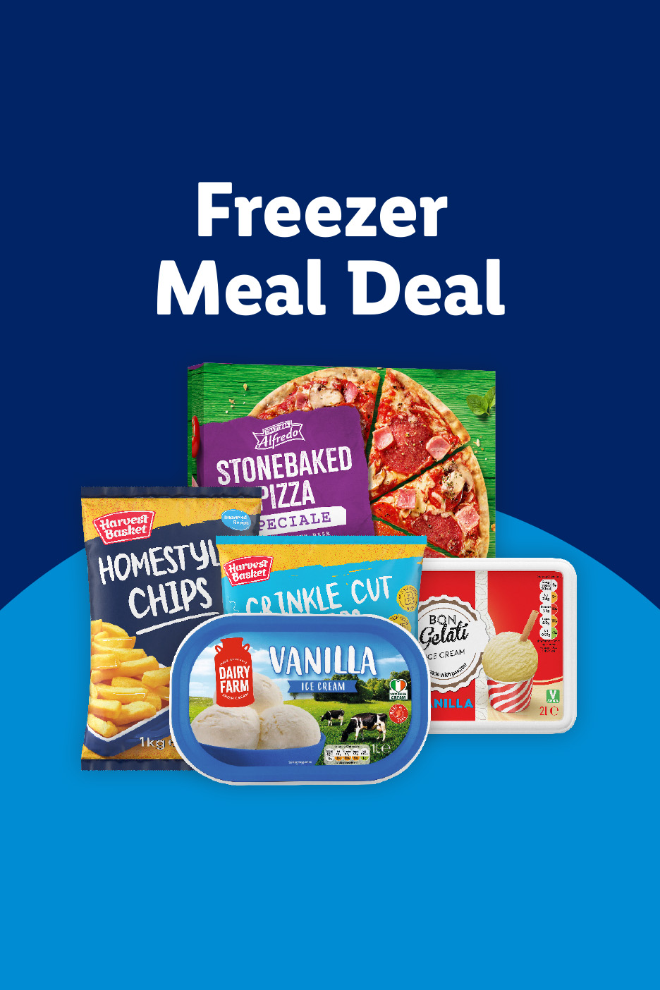 Freezer Meal Deal promotion featuring frozen pizza, chips, and vanilla ice cream.