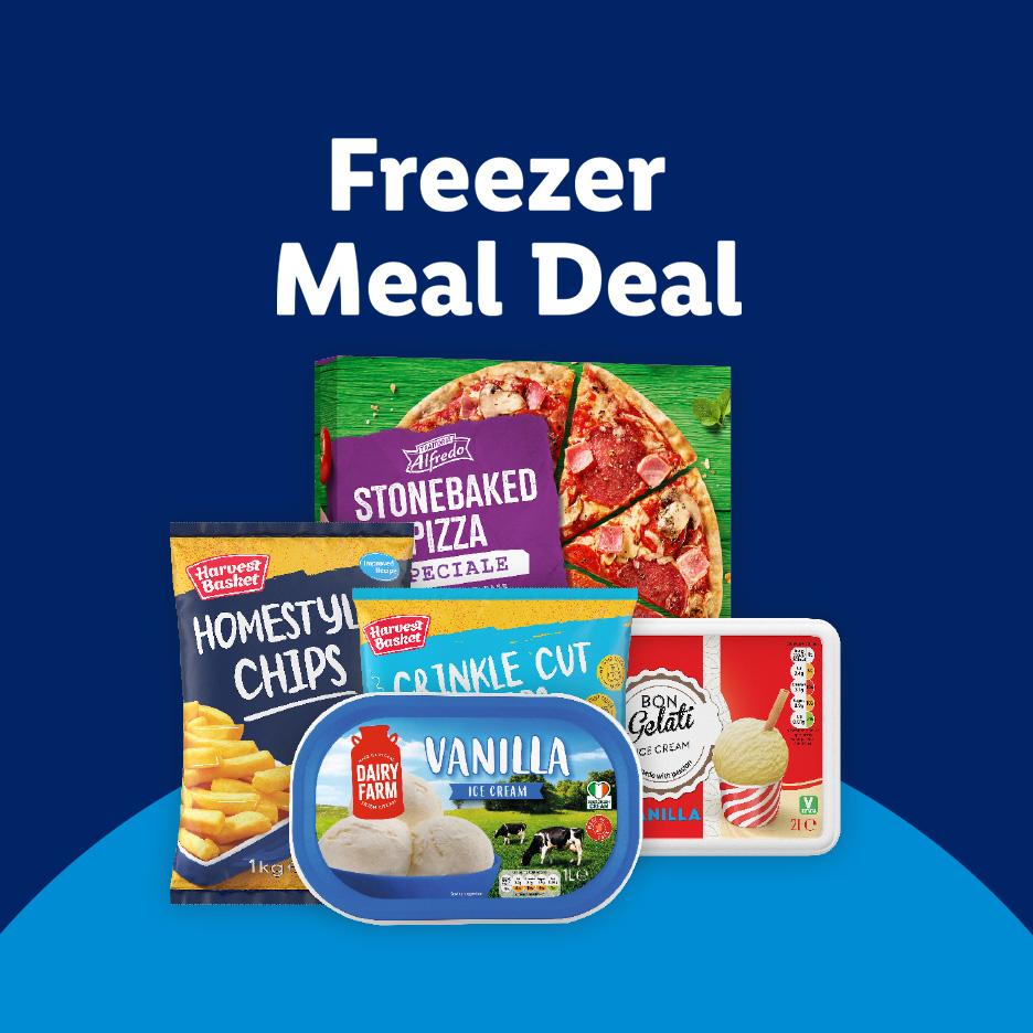Freezer Meal Deal featuring stonebaked pizza, chips, and vanilla ice cream.