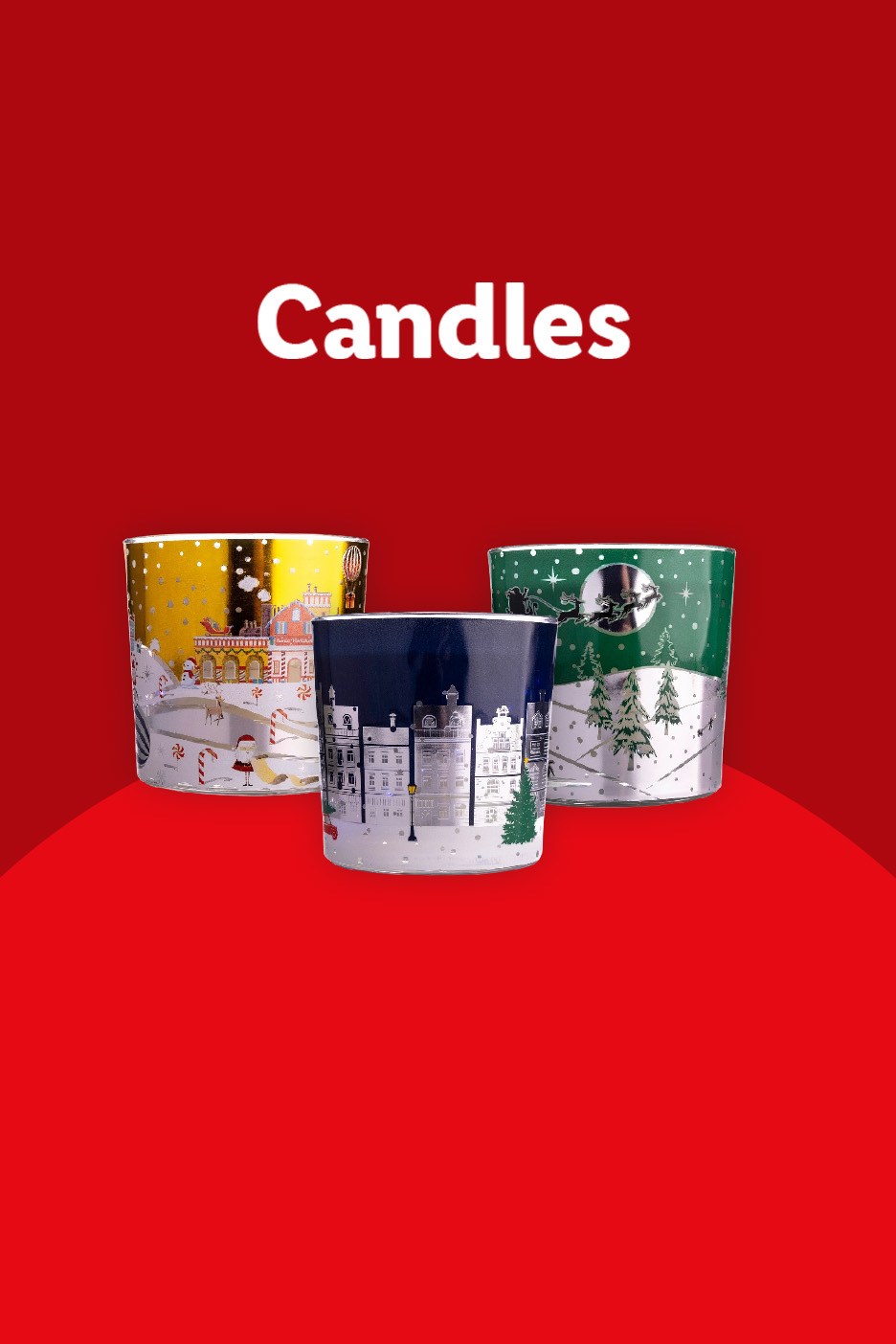 Three festive Christmas candles in gold, blue, and green jars with the text 'Candles'.