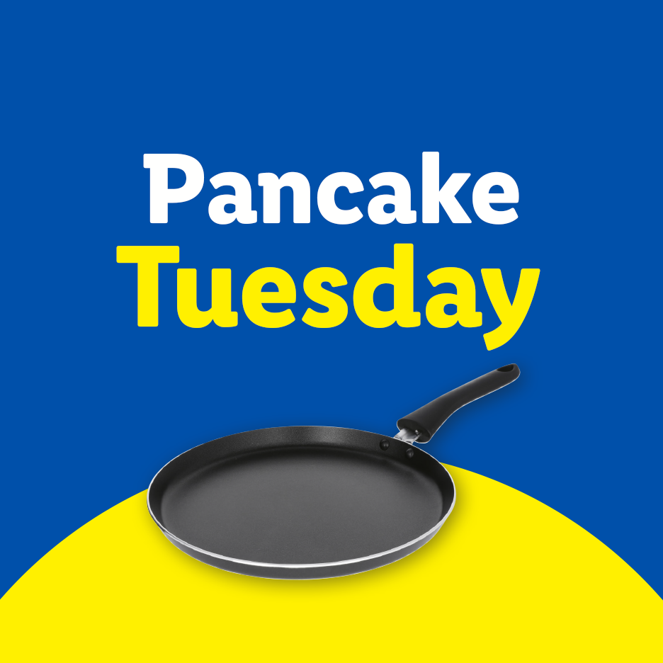 Pancake Tuesday text in white and yellow on a blue background, with a frying pan.