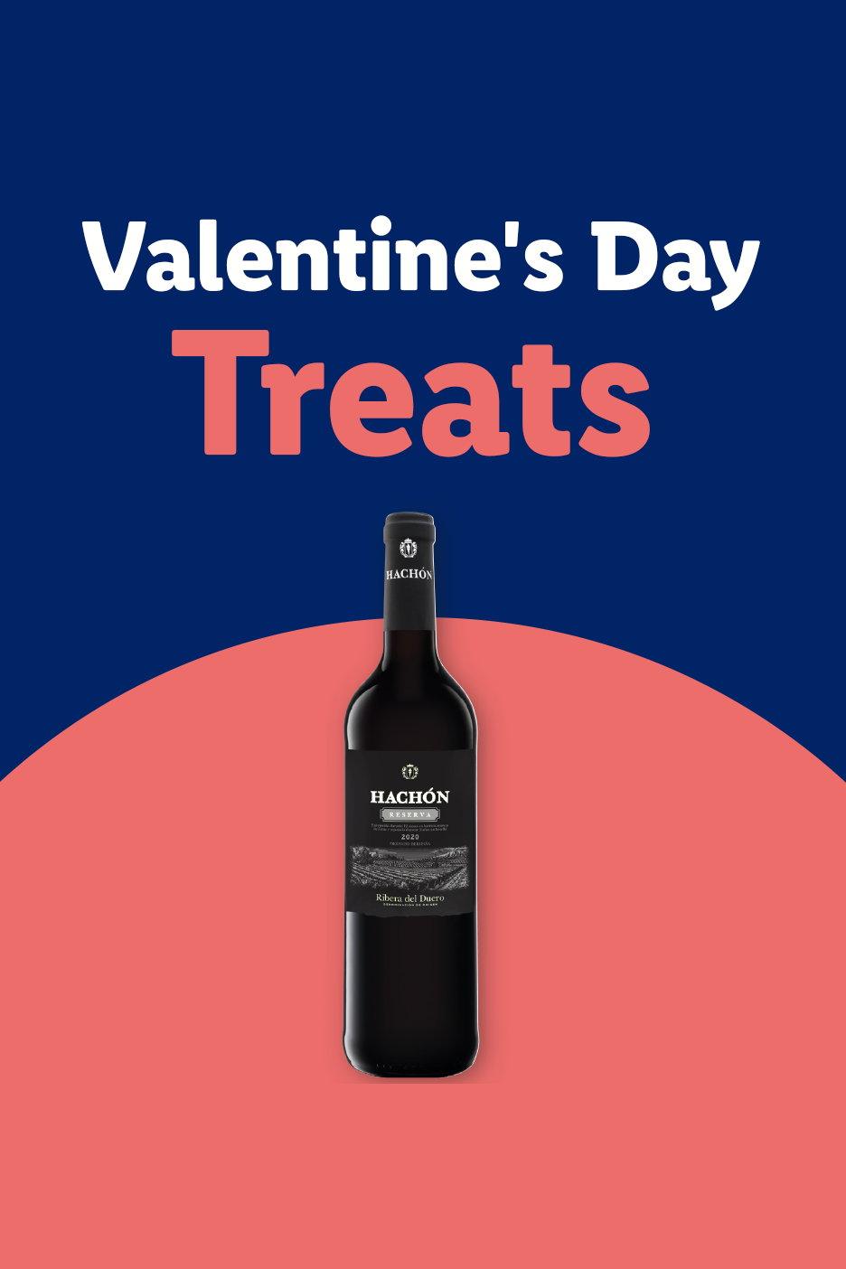 Valentine's Day Treats: A bottle of red wine on a red and blue background.