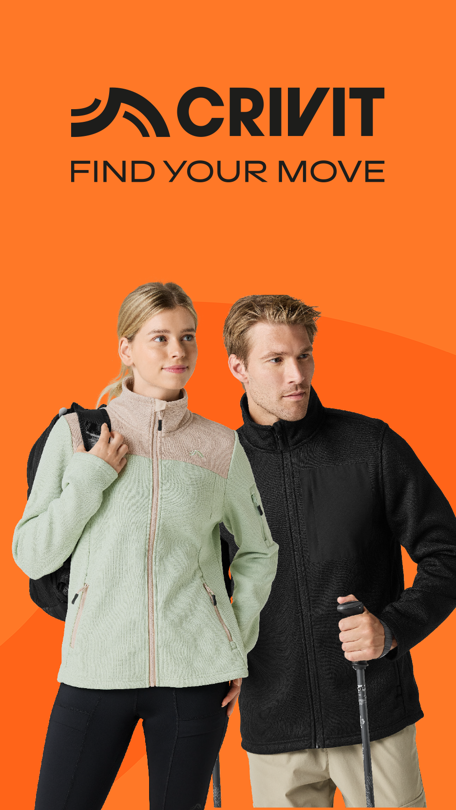 Two people in outdoor fleece jackets, with text 'FIND YOUR MOVE' on an orange background.