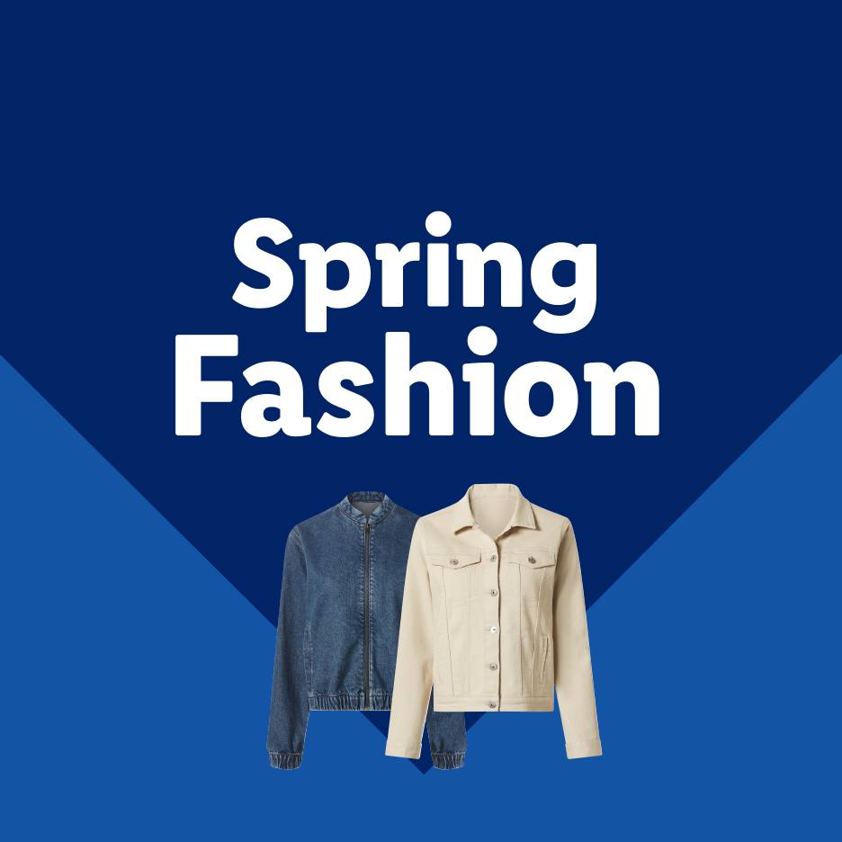 Spring Fashion: Blue denim bomber jacket and beige denim jacket.