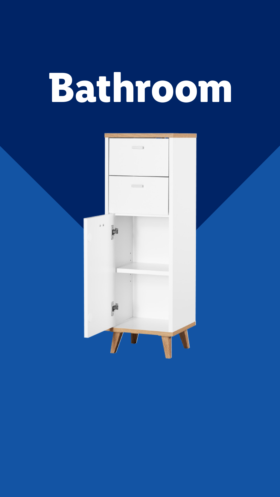 White bathroom cabinet with two drawers and an open cupboard, on a blue background with 'Bathroom' text.