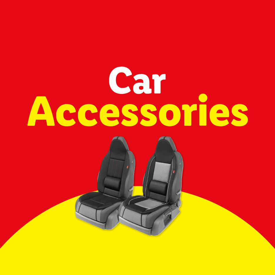 Car Accessories: two car seat covers on a red and yellow background.