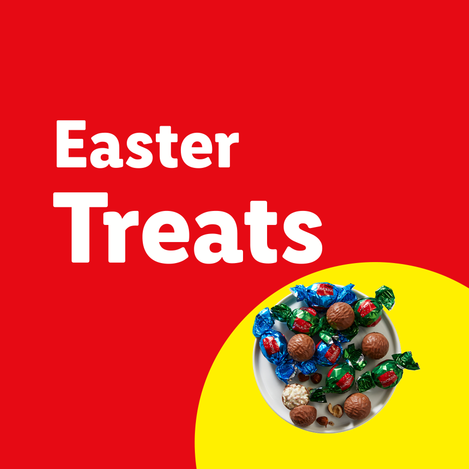 Easter Treats: A plate of chocolates, some wrapped in blue and green foil, on a red and yellow background.
