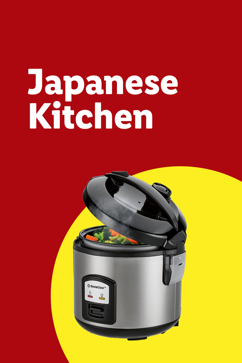 Rice cooker with vegetables steaming inside, on a red and yellow background with text 'Japanese Kitchen'.