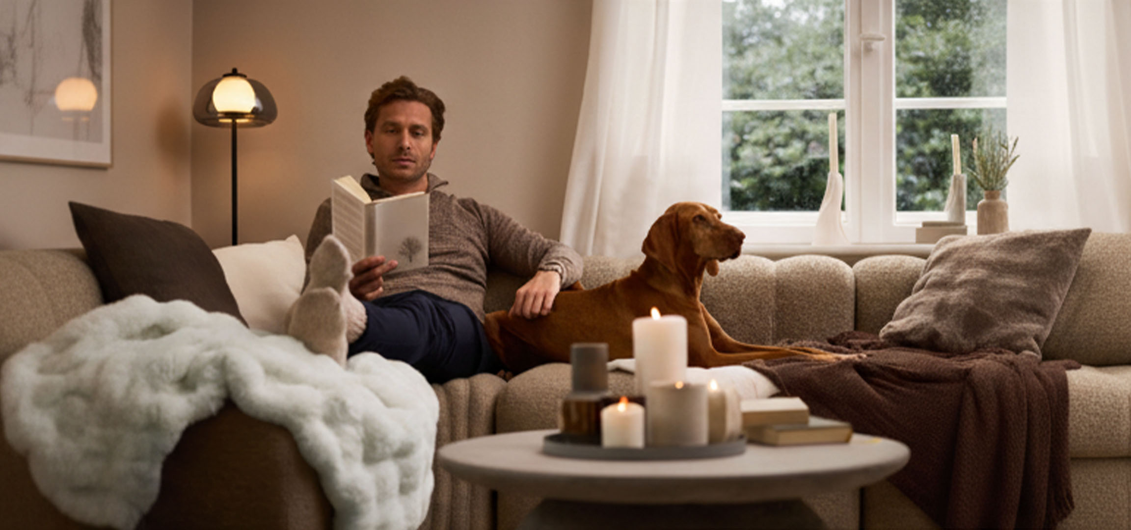 Man reading a book on a sofa with a dog, surrounded by cozy blankets and candles.