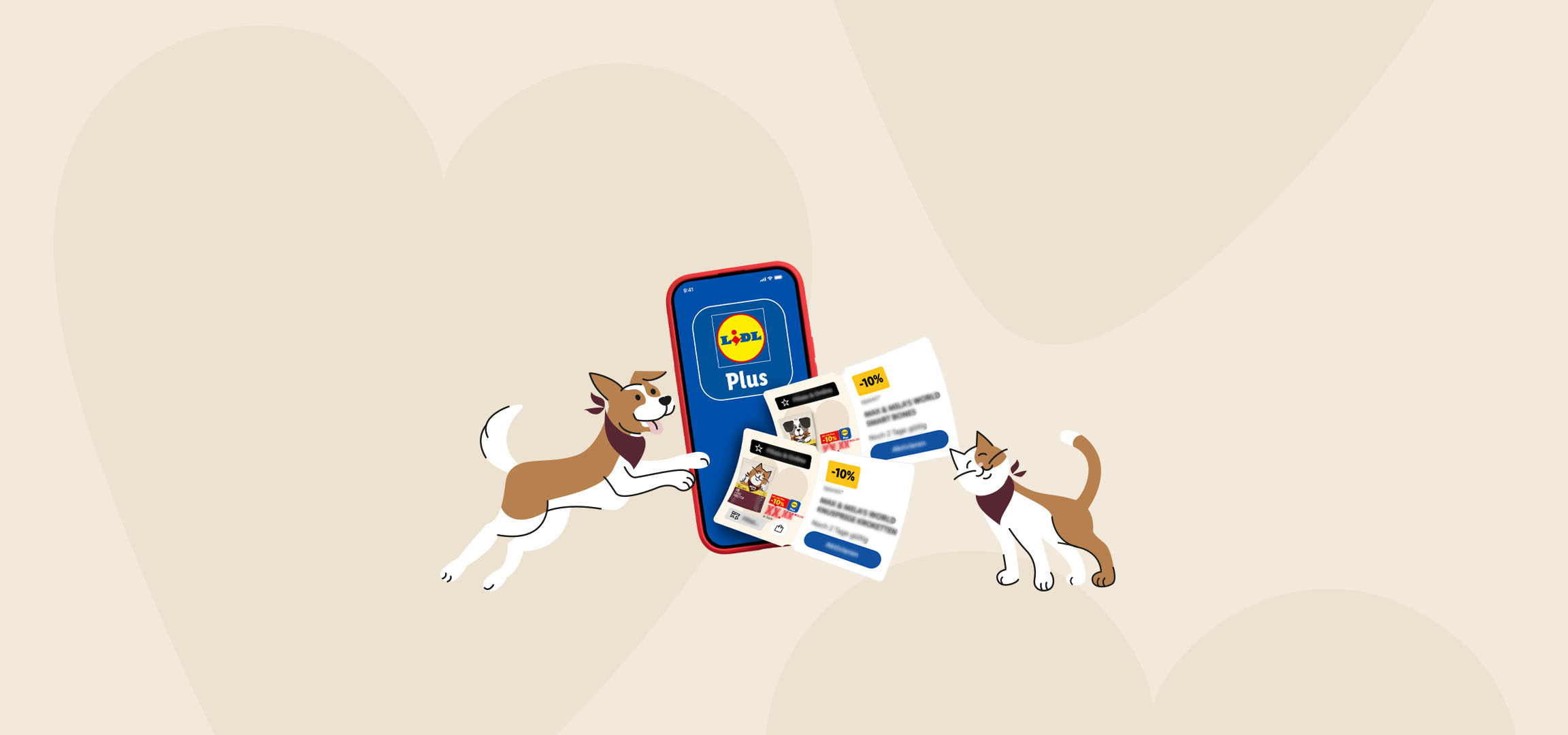 App with pet food offers, surrounded by a cat and a dog.