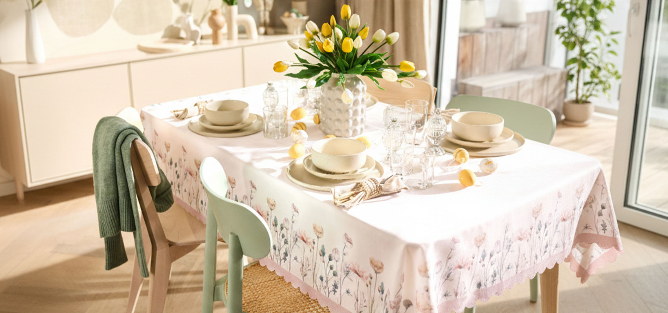 Easter dining table with yellow and white tulips, elegant dinnerware, and decorative eggs.