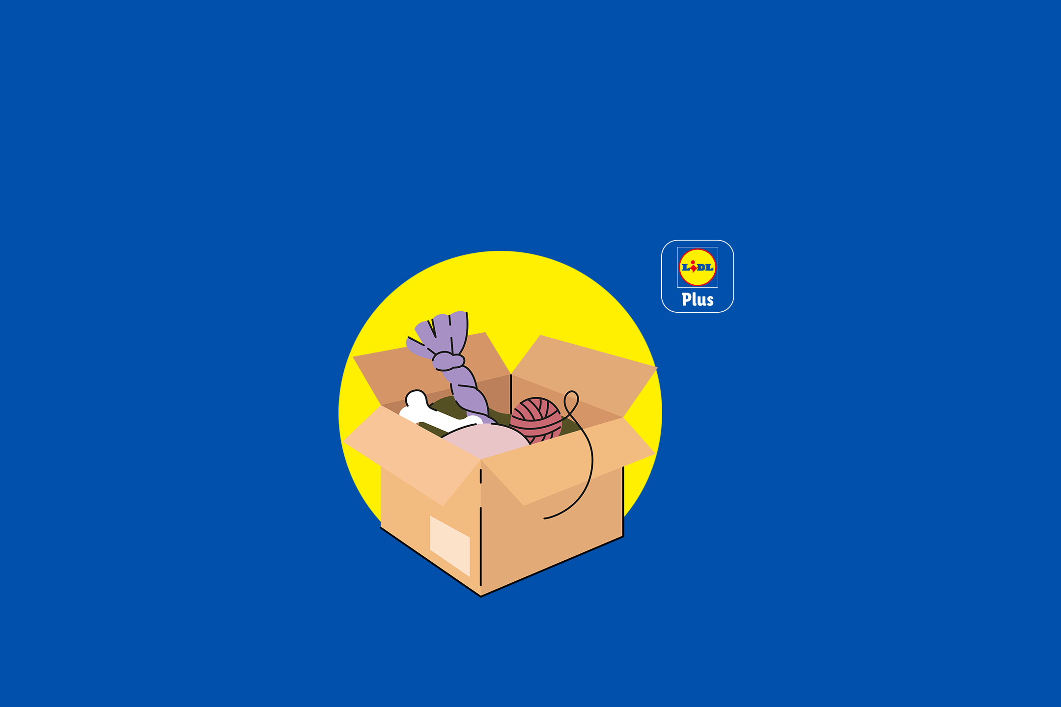 Cardboard box filled with pet supplies like a bone, rope toy, and yarn, on a blue background.