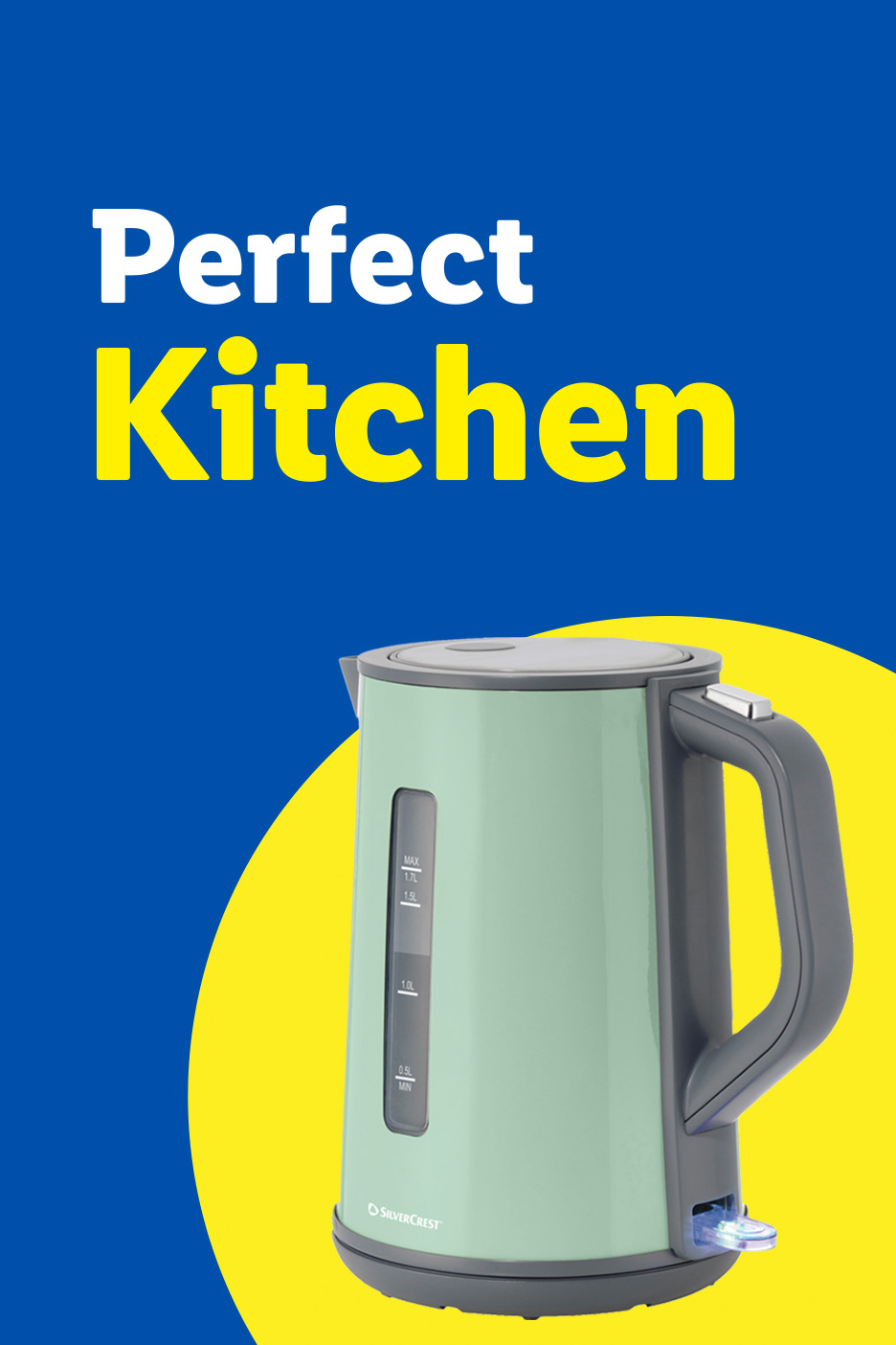 Mint green kettle with 'Perfect Kitchen' text on a blue and yellow background.