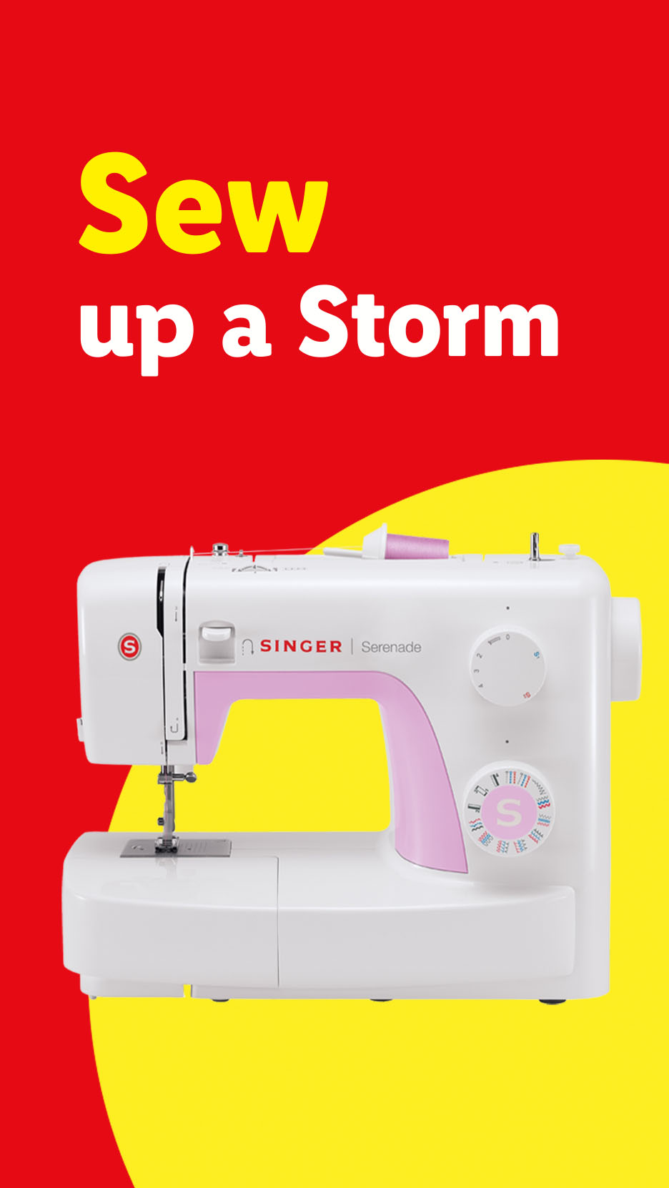 White and pink Singer Serenade sewing machine on a red and yellow background with text 'Sew up a Storm'.
