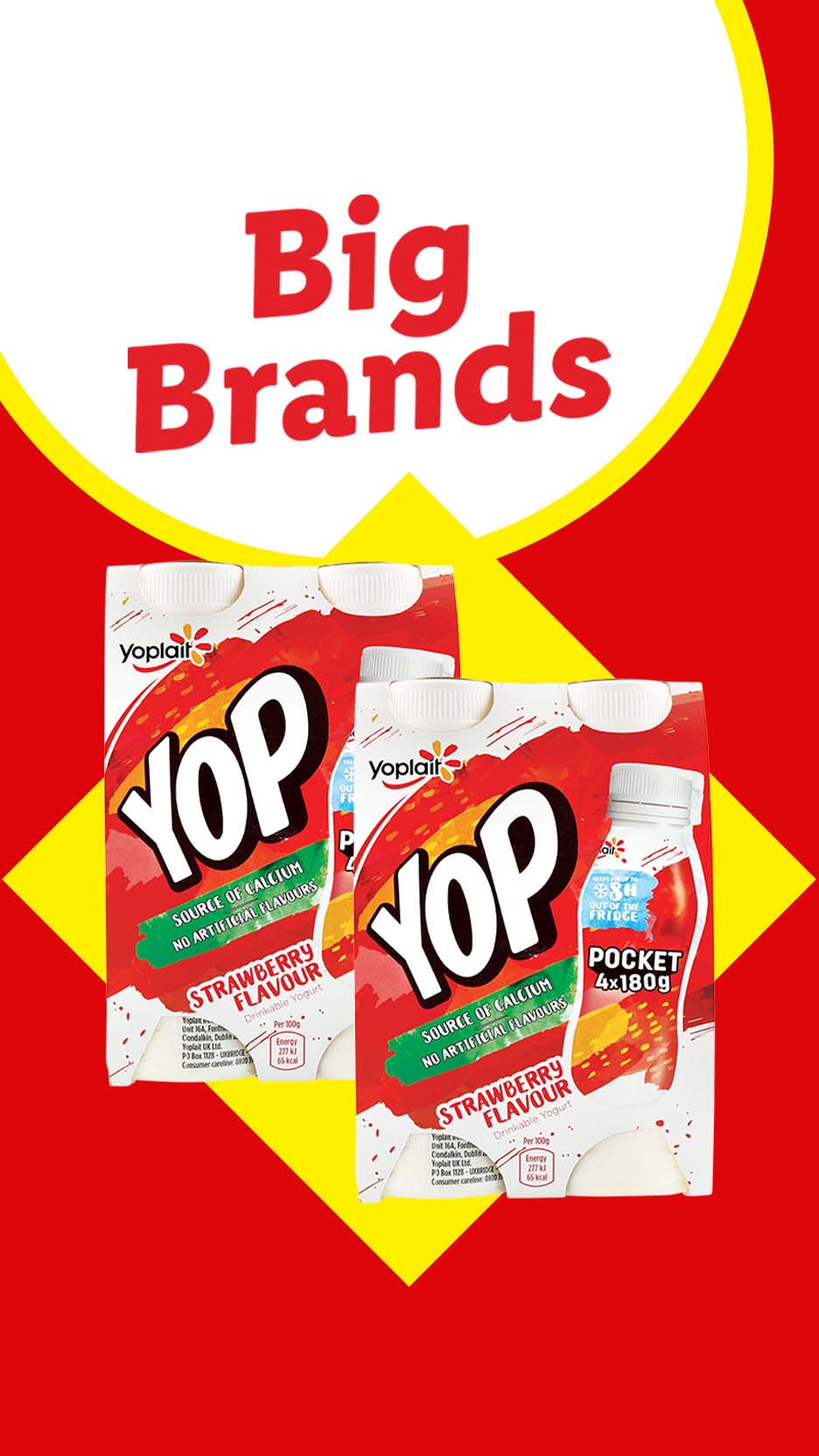 Yoplait Yop strawberry yogurt drinks, with text 'Big Brands' on a red and yellow background.