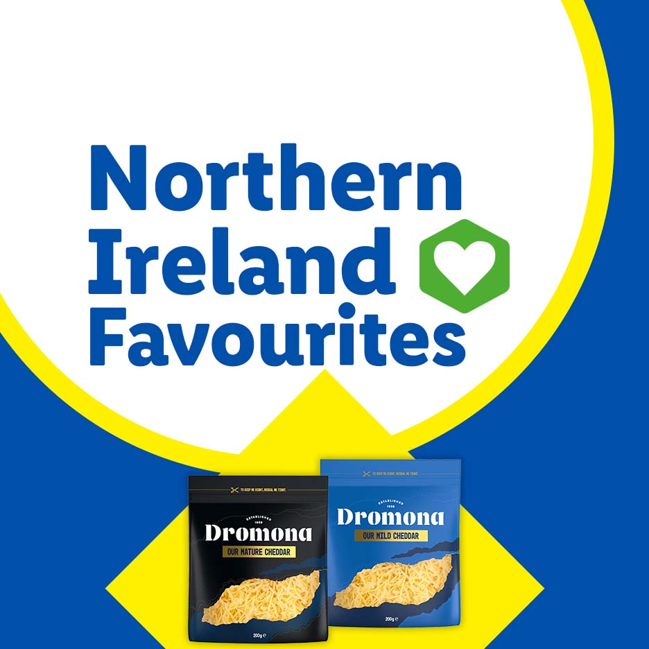 Dromona cheddar cheese bags, one mild and one mature, with 'Northern Ireland Favourites' text.