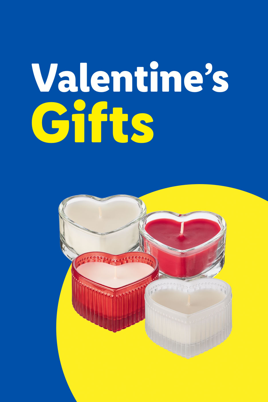 Valentine's Gifts: Four heart-shaped candles in red and white, on a blue and yellow background.