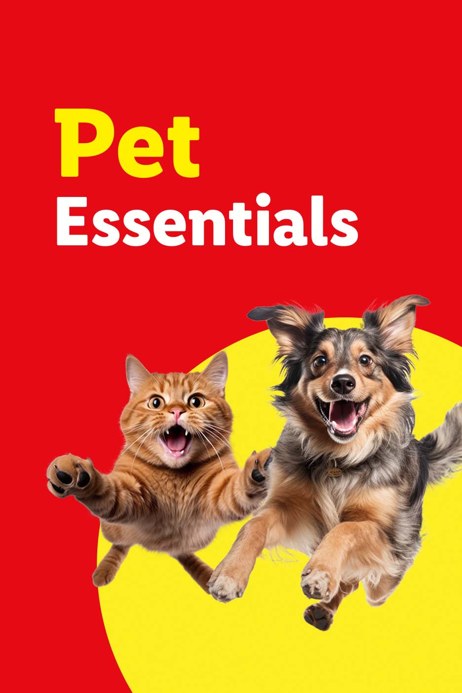 Pet Essentials: A happy cat and dog jumping on a red and yellow background.